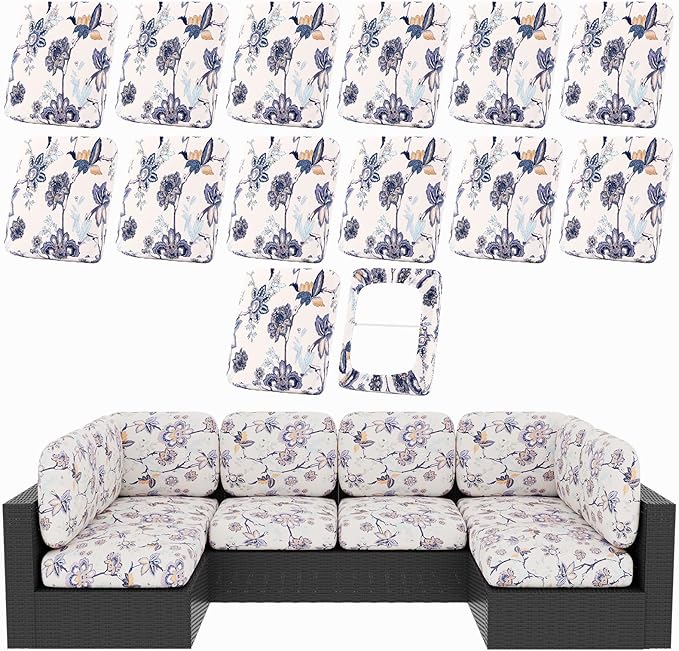 hyha 14Pcs Patio Cushion Covers, Stretch Outdoor Couch Cushion Covers, Washable Outdoor Chair/Sofa Slipcovers for Patio Furniture Cushions Protector with Elastic Bottom(Vintage Flower,Cover Only)