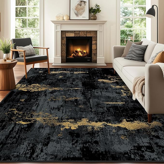 Washable Area Rugs 8'x10' Non-Slip Modern Abstract Soft for Living Room Entryway Bedroom Nursery, Print Pattern, Dark Black Gold