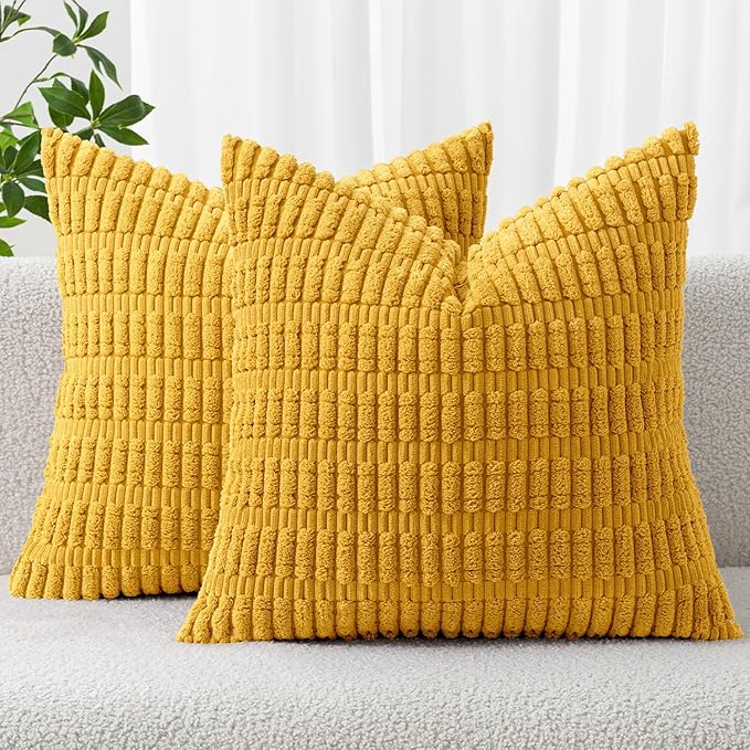 MIULEE Pack of 2 Corduroy Decorative Euro Sham Throw Pillow Covers 24x24 Inch Soft Boho Striped Pillow Covers Modern Farmhouse Home Decor for Summer Sofa Living Room Couch Bed Mustard Yellow