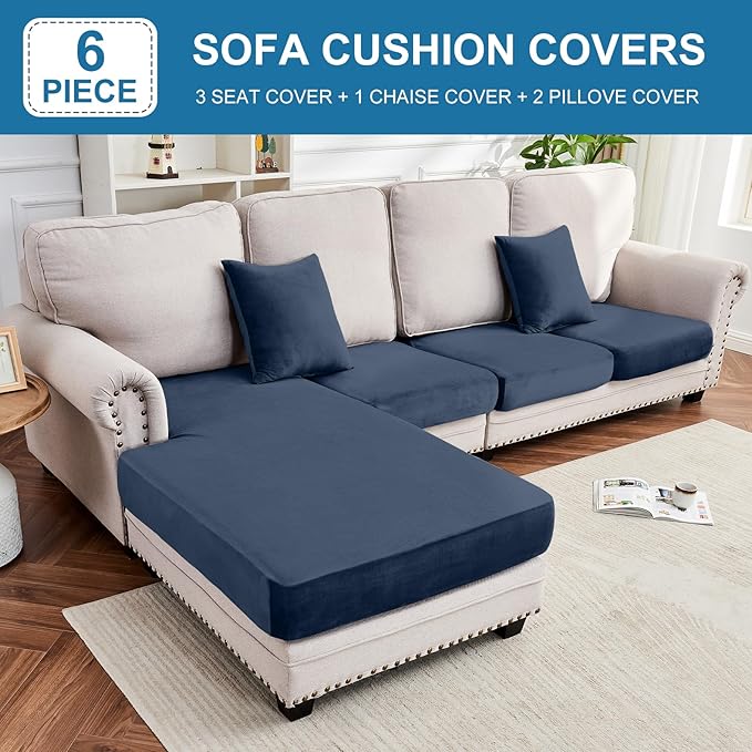 Couch Cover 4-Piece Elastic Velvet Couch Cushion Covers & Chaise Slipcovers for L-Shaped Sofas, Sofa Seat Covers Washable, Soft Cover for Couches (3 Seater + Chaise, Berlin Blue)