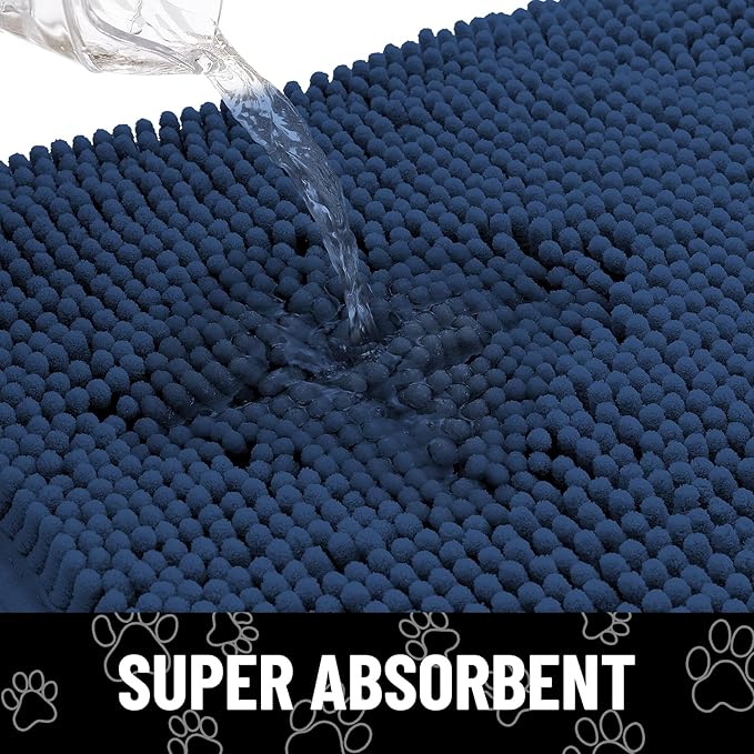 Smiry Dog Door Mat for Muddy Paws, Absorbent Dirt Trapper Non Slip Quick Dry Washable Chenille Mat for Mud Dogs, Entry Rug for Indoor and Outdoor (30x20 Inches, Dark Blue and Black)
