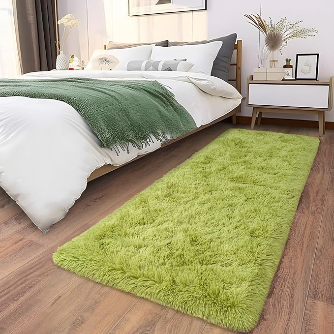 Soft Runner Rugs for Bedroom Hallways, 2x6 Grass Green Fluffy Shag Throw Area Rug Non Slip for Bedside Dorm, Long Shaggy Furry Carpet for Nursery Living Room
