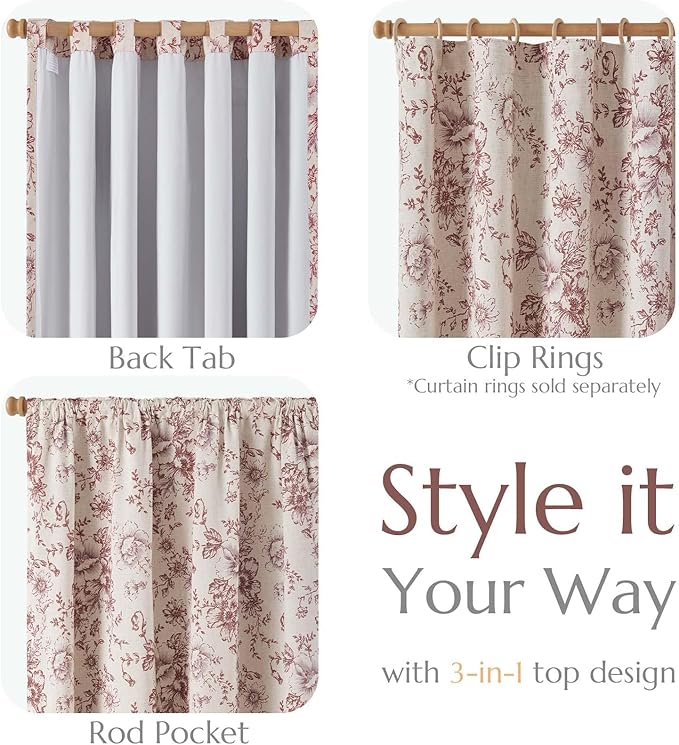 jinchan Blackout Floral Curtains for Living Room Bedroom Linen Blend Curtain Farmhouse Brick Red Printed with Lined Back Tab Rod Pocket Drapes Window Treatments 2 Panels 63 Inch
