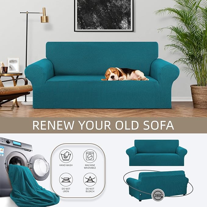 KEKUOU Stretch Loveseat Sofa Cover Slipcover,Couch Covers for 2 Cushion Couch Sofa (55"-78") Furniture Protector Sofa with Elastic Bottom for Kids,Dog. Jacquard Small Checked (Medium,Peacock Blue)