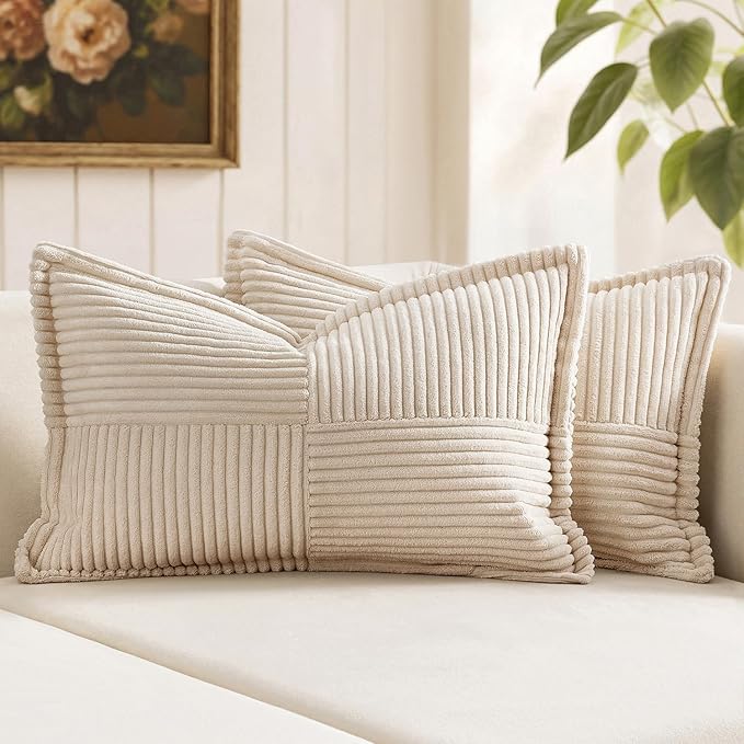 MIULEE Decorative Lumbar Throw Pillow Covers for Couch Bed Livingroom 14x24 Inch Set of 2 Beige Boho Accent Throw Pllows Broadside Striped Patchwork Soft Corduroy Pillowcases