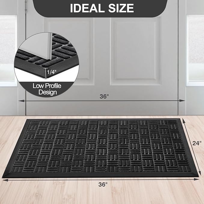 Mibao Front Door Mat, Heavy Duty Durable Welcome Mat for Outdoor Indoor, Dirt Trapper Waterproof Super Absorbent Door Mat for Entryway Outside Patio Porch, 35.5" x 24", Black