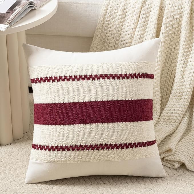 Fancy Homi Set of 1 Burgundy Boho Decorative Throw Pillow Covers 16x16 Inch for Couch Bed Sofa, Aesthetic Modern Farmhouse Christmas Room Decor, Soft Cotton Cute Textured Wind Red Cushion Case