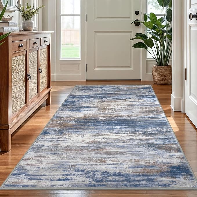 KOZYFLModern Abstract 4x6 Ft Washable Large Rugs for Entryway Non-Slip Soft Living Room Rug, Print Blue Rust Throw Rugs Indoor Mat for High-Traffic Door Entrance, Laundry, Nursery, Bedroom