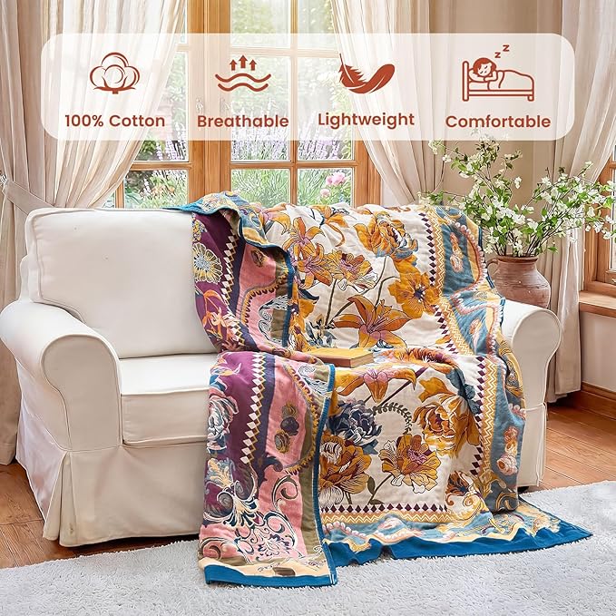 MSGKV Boho Throw Blanket 90"x90" Bed Floral 100% Cotton Blanket Spring Breathable Lightweight Queen Blankets All Seasons Home Decor Muslin