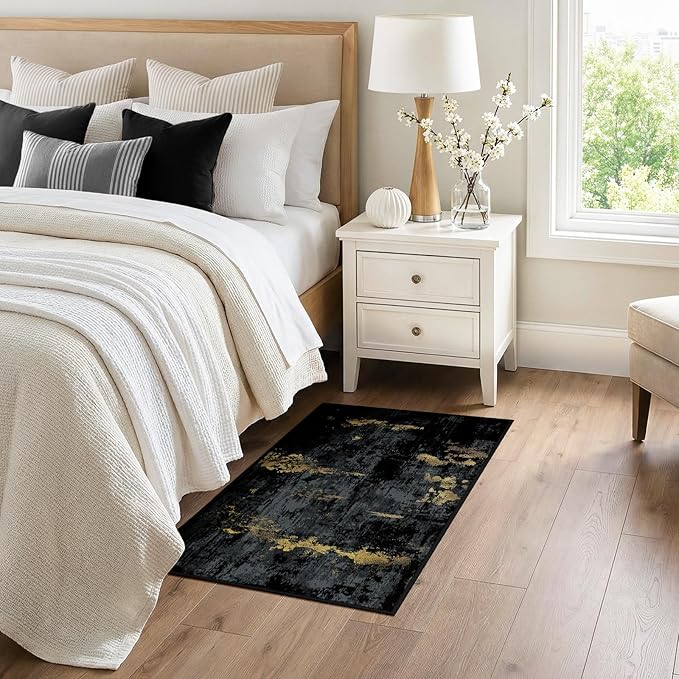 Washable Area Rugs 3x4 Non-Slip Modern Abstract Soft for Living Room Entryway Bedroom Nursery, Print Pattern, Dark Black Gold