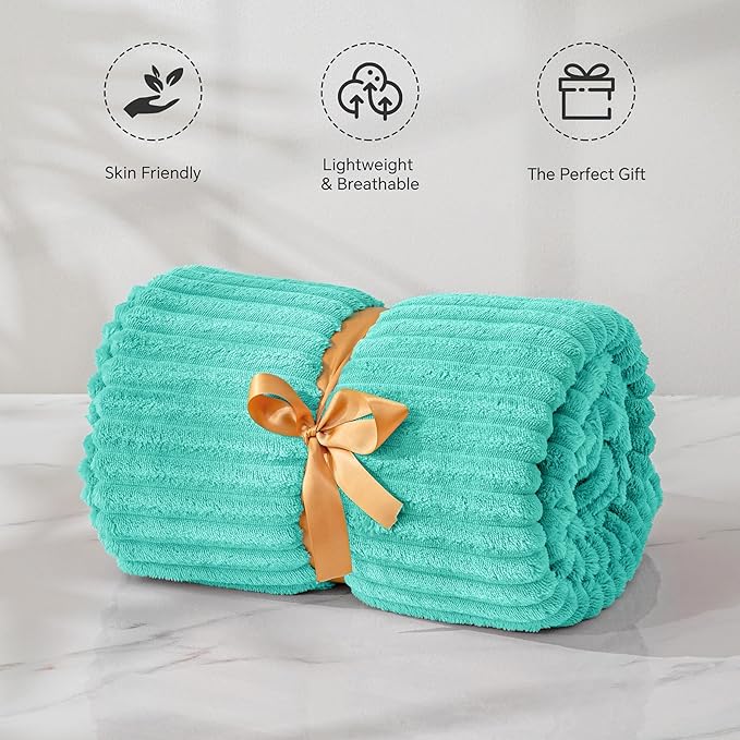 BEDELITE Fleece Throw Blanket for Couch – 3D Ribbed Jacquard Soft and Warm Decorative Fuzzy Blanket – Cozy, Fluffy, Plush Lightweight Aqua Throw Blankets for Bed, Sofa, 50x60 inches