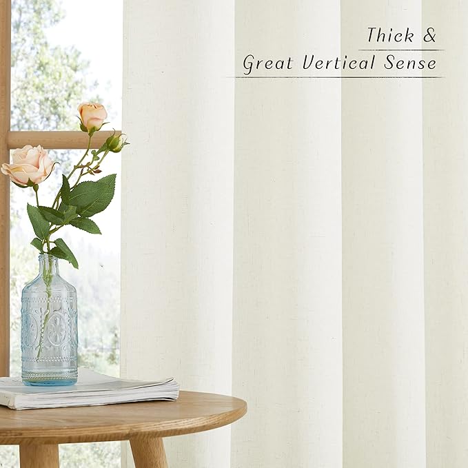 NICETOWN Thick Linen Bedroom Curtains 90 inches Long, Grommet Privacy Assured Semi Sheer Linen Burlap Drapes with Some Light Filtering for Living Room, Off White, W55 x L90, 1 Pair