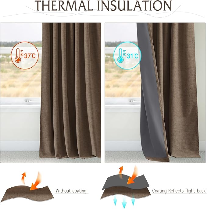 RYB HOME Coffee 100% Blackout Linen Curtains 72 inch Long, Thermal Insulated & Privacy Assurd Drapes for Bedroom/Office/Nursery, Rod Pocket & Back Tab Window Treatment, W52 X L72, 2 Panels