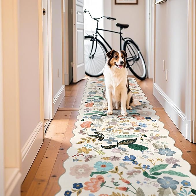 Washable 3x12 Hallway Runner Rug: Soft Floral Scalloped Runners for Entryway Kitchen Nursery Non Slip Bathroom Laundry Floor Mat Water Resistant Light Weight Carpet for Living Room Bedroom(3x12,Cream)