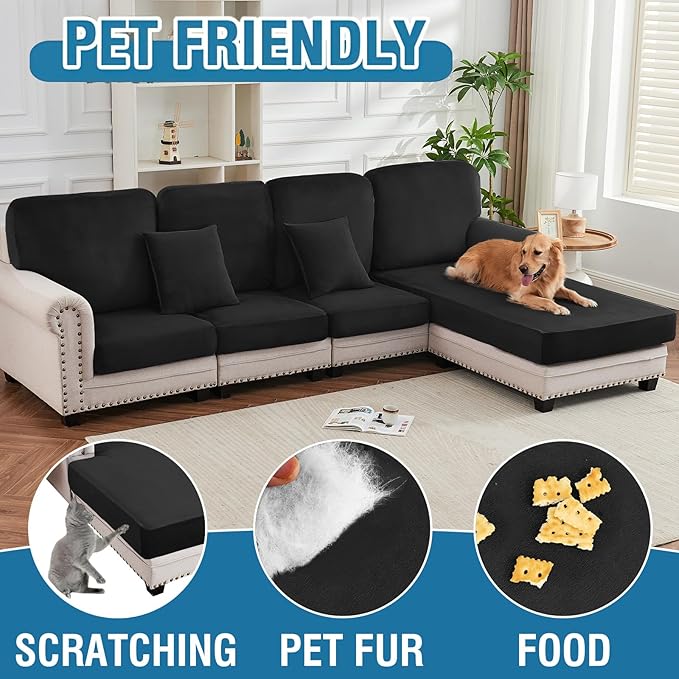 Couch Cover 8-Piece Elastic Velvet Couch Cushion Covers & Chaise Slipcovers for L-Shaped Sofas, Sofa Seat Covers Washable, Soft Cover for Couches (7 Seater + Chaise, Black)