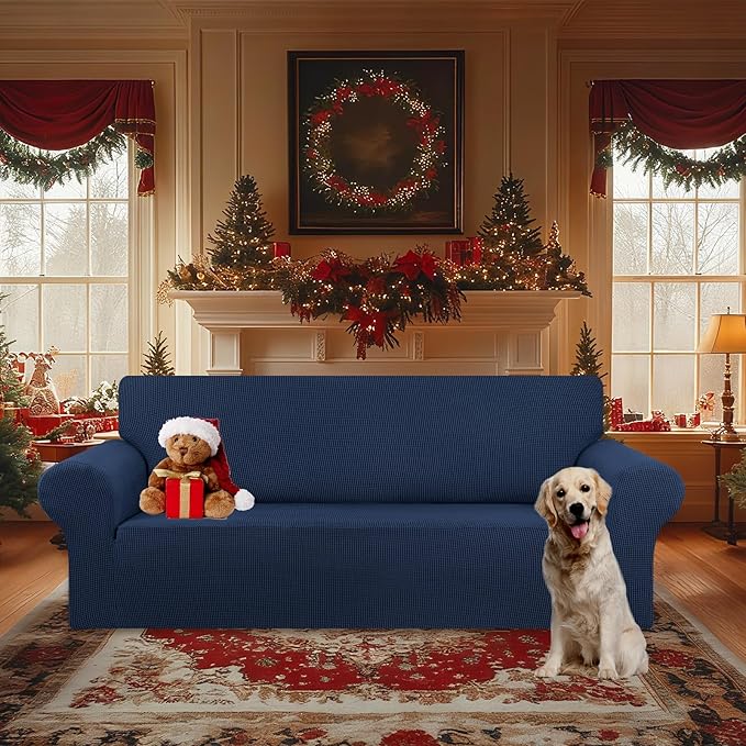 KEKUOU Stretch Oversized Sofa Slipcover 1 Piece Couch Sofa Cover (94"-110") Furniture Protector 4 Seater Sofa with Elastic Bottom for Kids,Pet.Jacquard Checked Pattern Fabric(X Large,Navy Blue)