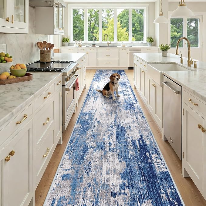 Washable Area Rugs 3x12 Non-Slip Modern Abstract Soft for Living Room Entryway Bedroom Nursery, Print Pattern, Blue Grey Navy Gray