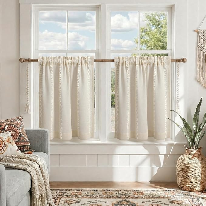 Boho Kitchen Cafe Curtains 25x24 Inch, Beige Linen Blend Embroidered Light Filtering Curtains for Small Kitchen Window, 2 Panels