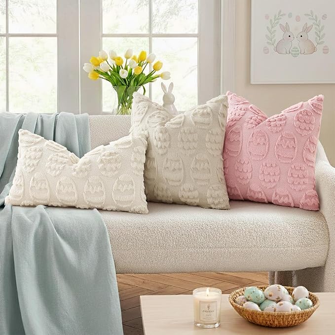 decorUhome Easter Beige Egg Pillow Covers 16x16 Inch Set of 2, Soft Plush Faux Wool Jacquard Cushion Covers, Farmhouse Neutral Fuzzy Spring Easter Holiday Decor for Couch Sofa Bed