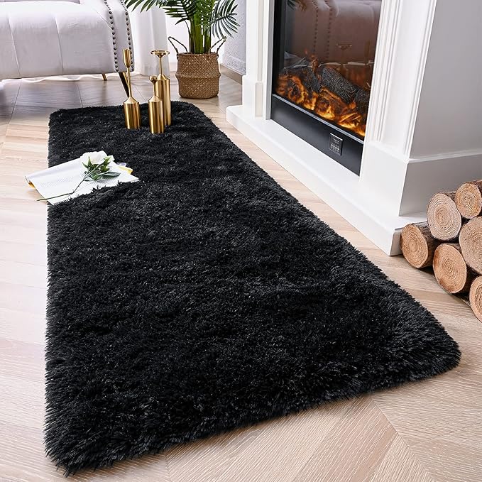 Chicrug Soft Runner Rugs for Bedroom Living Room Plush Fluffy Rug 2x7 Feet, Shag Furry Area Rug Carpet Non Shedding for Nursery Children Kids Girls Room Home Decorative, Black