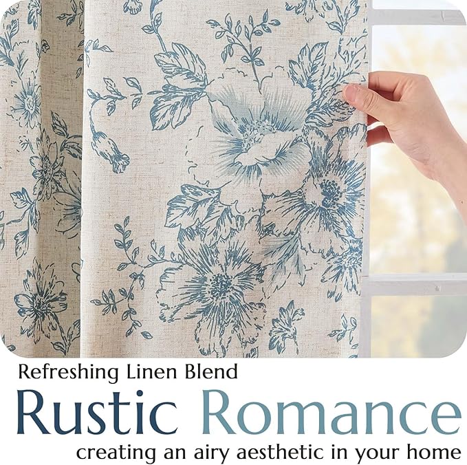 jinchan Blackout Floral Curtains for Living Room Bedroom Linen Blend Curtain Farmhouse Blue Printed with Lined Back Tab Rod Pocket Drapes Window Treatments 2 Panels 90 Inch