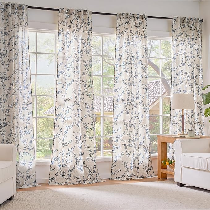 Lazzzy Blue Floral Linen Curtains 90 Inch Farmhouse Back Tab Drapes for Living Room Bedroom Light Filtering Vintage Grandmillennial Rod Pocket Curtains, 2 Panels, W38 x L90, Blue on Beige