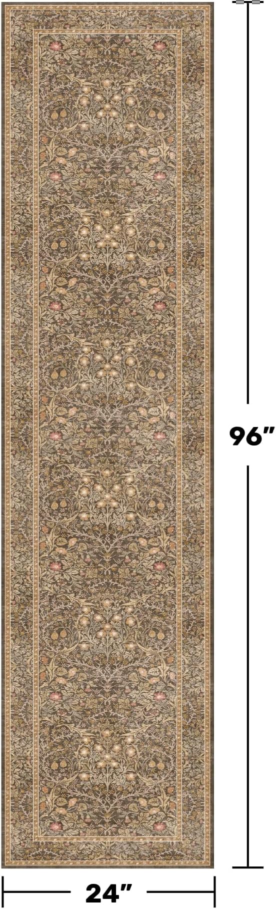 Non Slip 2x8 Gold Brown Long Runner Rug, Washable Runner Rug for Hallway, Bathroom, Entryway Rug, Stain Resistant Kitchen Floor Mat - Vintage Floral Indoor Décor, Low Pile Soft Carpet