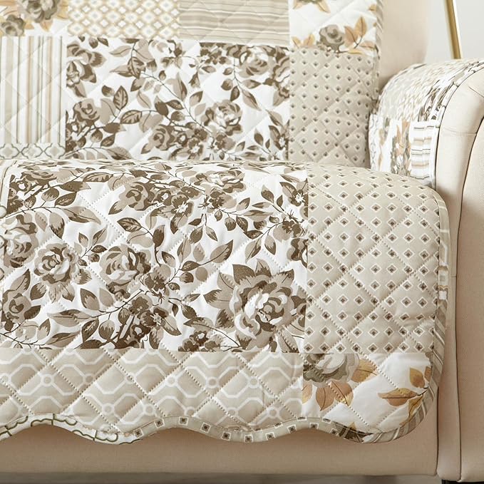 Great Bay Home Reversible Patchwork Recliner Cover - Washable Slipcover Furniture Protector with Elastic Straps - Perfect for Kids & Pets - Box-Stitched Detail (Taupe)