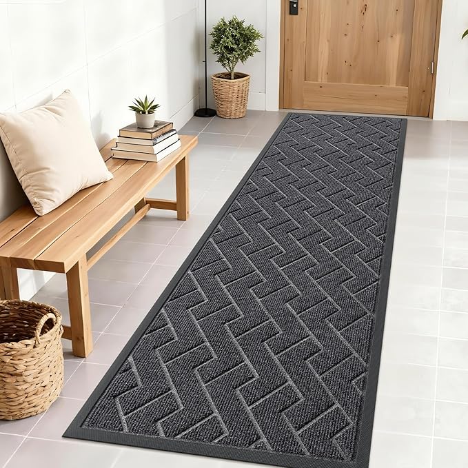 OLANLY Front Door Mat Indoor Outdoor Entrance, Waterproof All-Season, All-Weather Doormat, Sturdy Natural Rubber, Low Profile, Easy Clean Patio Porch Entryway Mat, Herringbone Brick (Grey, 71x23)