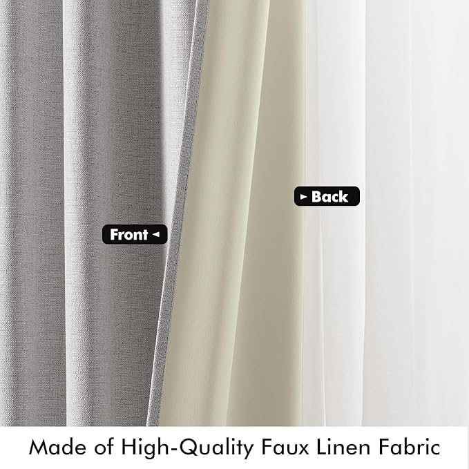 MIULEE 100% Blackout Linen Curtains for Bedroom, Greyish White Solid Luxury Decor Thermal Insulation Room Darkening Drapes for Living Room Nursery Back Tab Rod Pocket 42 x 90 Inches, 2 Panels