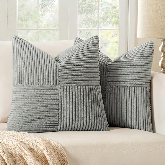MIULEE Silver Grey Decorative Throw Pillow Covers 18x18 Inch for Couch Bed Sofa Pack of 2 Boho Farmhouse Throw Pillows Soft Cross Corduroy Patchwork Textured Cushion Cases