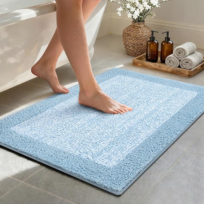 Bathroom Rugs 30x20 Non Slip Washable, Light Blue Bath Mat for Bathroom Floor Tub, Soft Absorbent Quick Dry Mats for Shower, Bathtub,Home Decor