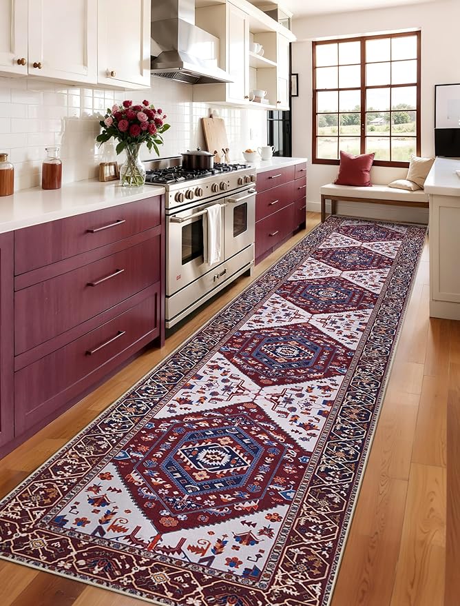 SERISSA Runner Rug for Hallways, 2'6"x14' Washable Non Slip Runner Rug, Extra Long Boho Rug Ultra Soft Vintage Burgundy Navy Print Floor Carpet for Bedroom Hallway Entryway Bathroom Laundry Room