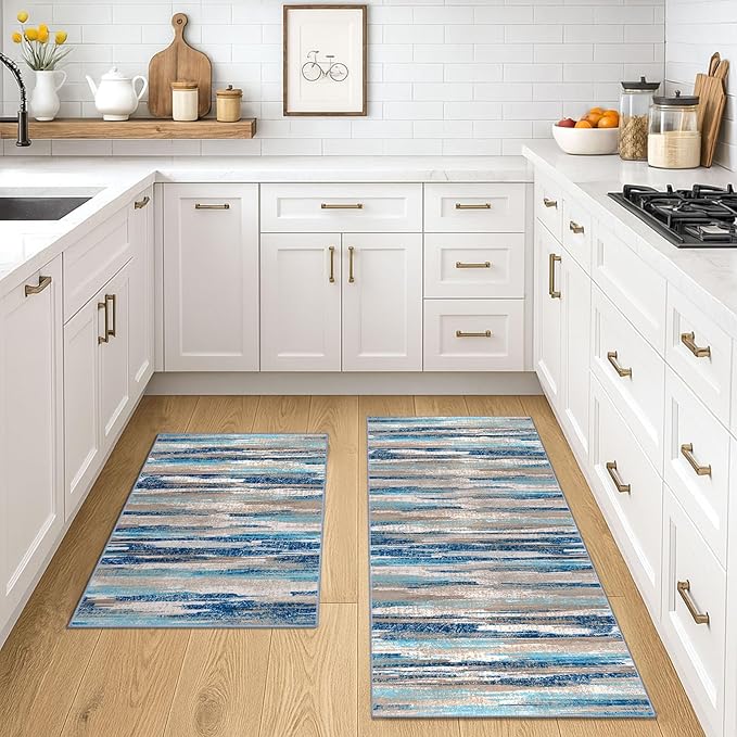 Lansny Modern Abstract Kitchen Rug Set of 2, 2x3 and 2x5 Blue Washable Rug Runner Non Slip Kitchen Mat, Soft Faux Wool Throw Carpet for Entryway, Hallway, Bedroom, Bedside, Laundry Room, Office
