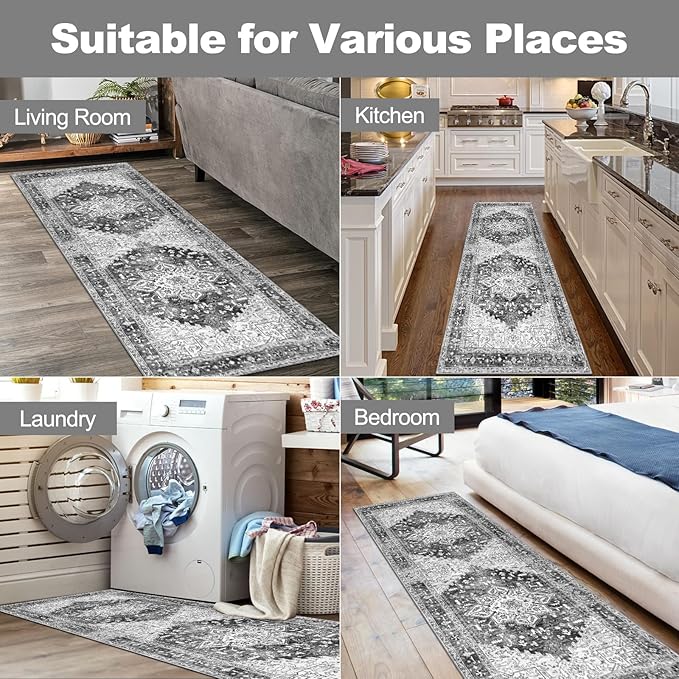 Yamaziot Washable Runner Rug, 2x6 Non-Slip Boho Vintage Hallway Rug Runner with Rubber Backing, Stain Resistant Distressed Carpet Runner for Bedroom, Kitchen, Laundry, Entrance