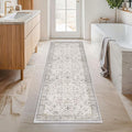 Light Grey 2x6 Boho Bathroom Runner Rug - Modern Vintage Eclectic Floral Pastel Neutral Taupe, Washable Low Pile Non-Slip Runner Rugs for Kitchen, Door Mat Indoor Entrance, Bedroom Laundry Hallway