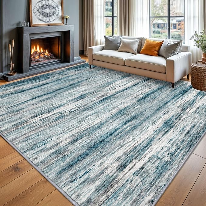 KOZYFLY Area Rug 9x12 Modern Ombre Living Room Rug, Washable Large Thin Rugs Non-Slip Soft Striped Rug for Bedroom, Print Blue Abstract Carpet for Laundry/Kid Room