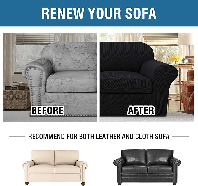 H.VERSAILTEX 3 Piece Stretch Sofa Covers for 2 Cushion Loveseat Couch Covers for Living Room Furniture Cover (Base Cover Plus 2 Seat Cushion Covers) Thicker Jacquard Fabric(Medium Sofa, Black)
