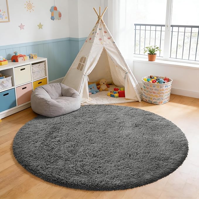 yulidayang Fluffy Round Area Rugs for Living Room,6'X6'Shag Circle Area Rugs for Bedroom,Non Slip Fuzzy Plush Rug for Kids Room Boys Girls Room and Dorm,Deep Grey