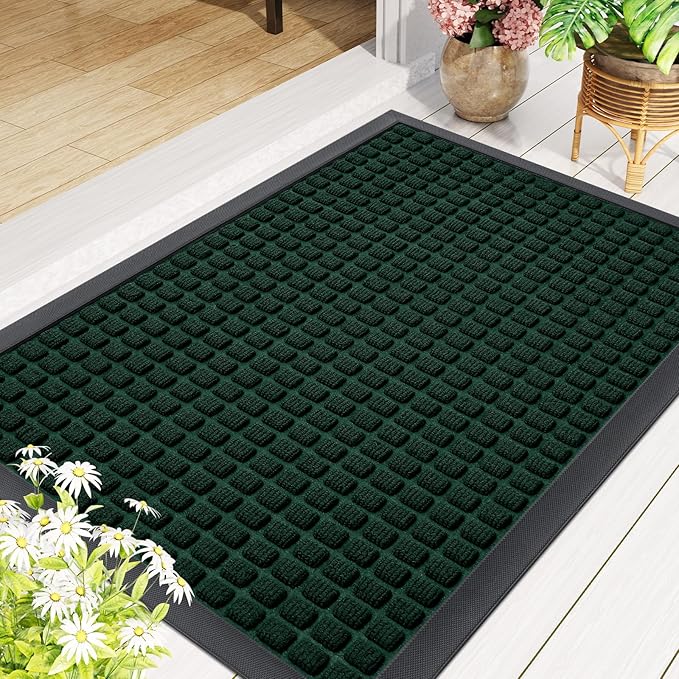 Smiry Front Door Mat Outside Entrance, Heavy Duty Natural Rubber Doormat, Non Slip, Trap Dirt and Moisture, Easy Clean, Low Profile Welcome Floor Mats for Indoor Outdoor Entry, 47x32 Inch, Black Green