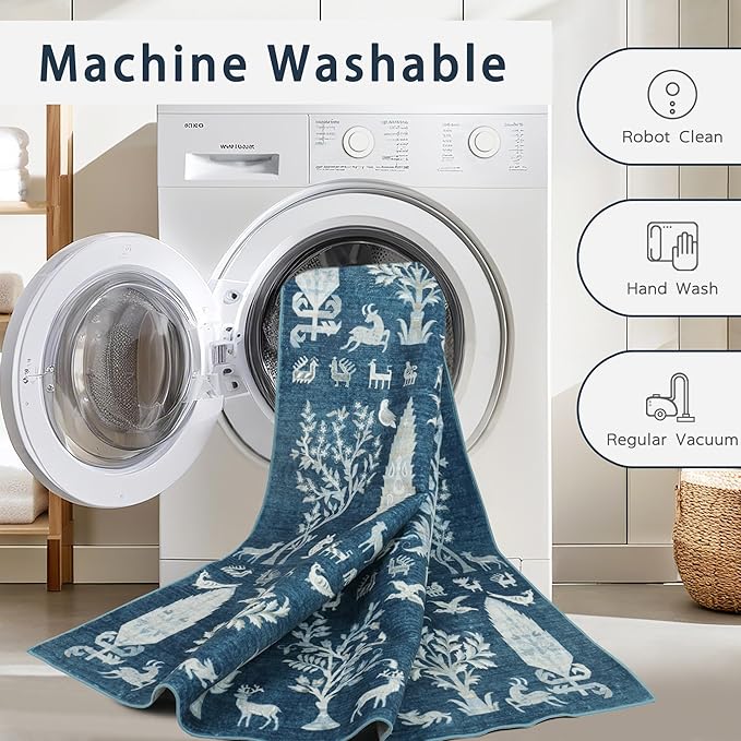 Washable Rugs 8x10 Area Rugs for Living Room,Bedroom,Dining Room- Large Ultra Soft Faux Wool Retro Carpet,Non Slip&Non-Shedding Low Pile Vintage Print Rug for Home Office Dorm Playroom-Blue