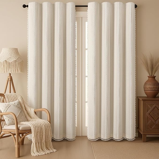 Boho Blackout Curtains 90 Inches Long Beige Linen Blend 2 Panels with Tassels and Cotton Embroidery, Farmhouse Vintage Rustic Rod Pocket Drapes for Living Room or Bedroom