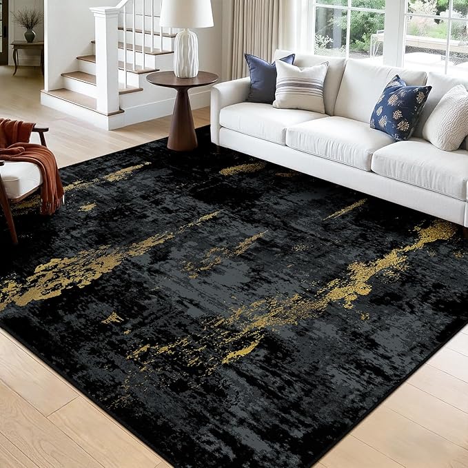 Washable Area Rugs Square 9ft Non-Slip Modern Abstract Soft for Living Room Entryway Bedroom Nursery, Print Pattern, Dark Black Gold