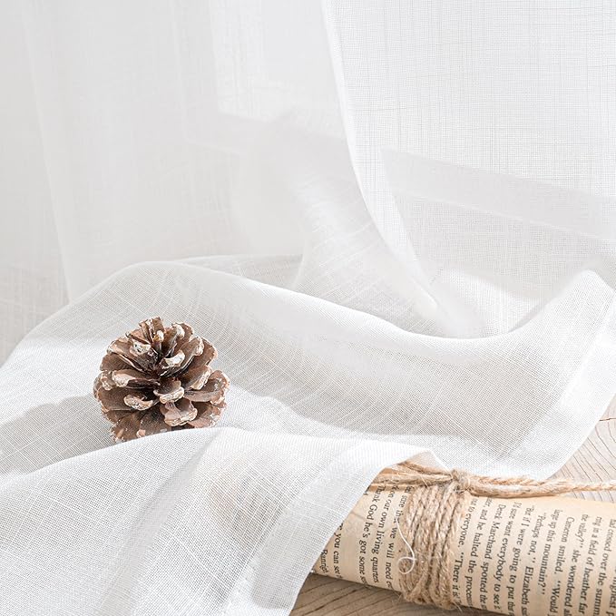 Curtain Panels, White Linen Blend Light-Filtering, 2 Panels 102 Inch Long