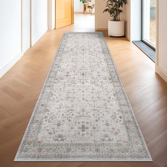 Hazo Haus Light Gray Washable 2'6"x8' Wide Runner Rugs for Kitchen, Bathroom, Hallway, Non-Slip & Stain Resistant Long Floor Rug, Neutral Boho Floral Décor
