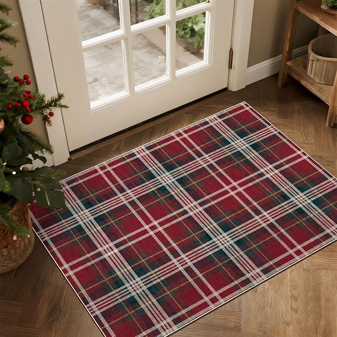 Christmas Front Door Mat Indoor Entrance - 2x3 Ft Non-Slip Doormat Outdoor Rug Small Red Holiday Tartan Plaid Entry Rug for Layered Door Mats Front Porch Entryway Kitchen New Year Decor