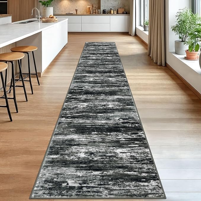 KOZYFLY Modern Abstract Washable Rug Runner 2.6x16 Hallway Rug Runner Non-Slip Soft Kitchen Runner Rugs, Black Grey Striped Carpet for Stair Entryway Bathroom Laundry Room Foyer