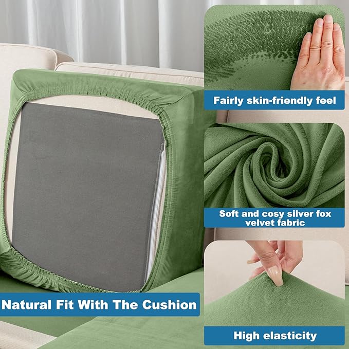 Couch Cover Velvet Chaise Cushion Cover for Sectional Sofas - Elastic L-Shaped Sofa Seat Covers Washable, Slipcover Protector (1-Piece, Avocado Green)