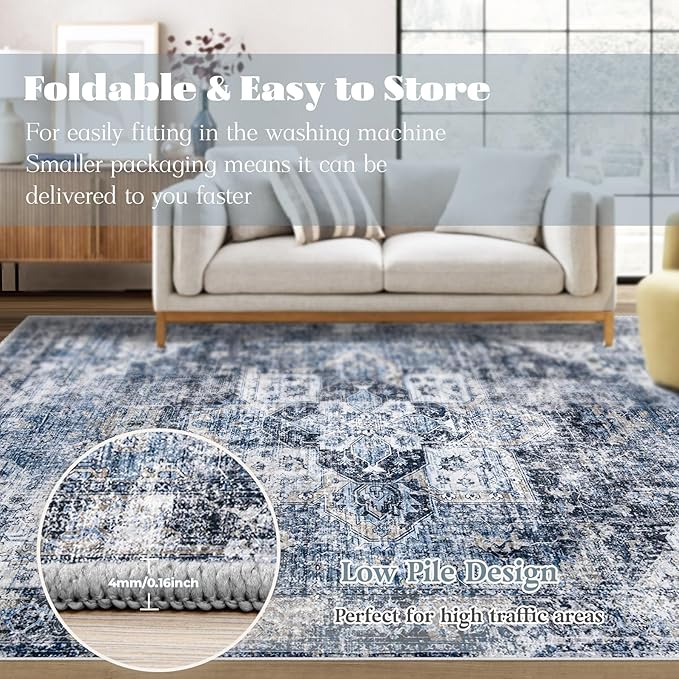 Area Rug 8x10 Washable Rug, Vintage Boho Medallion Rugs Non-Slip Soft Low Pile Large Distressed Rug Indoor Retro Carpet for Living Room Bedroom Dining Room Home Office (Blue, 8'x10')