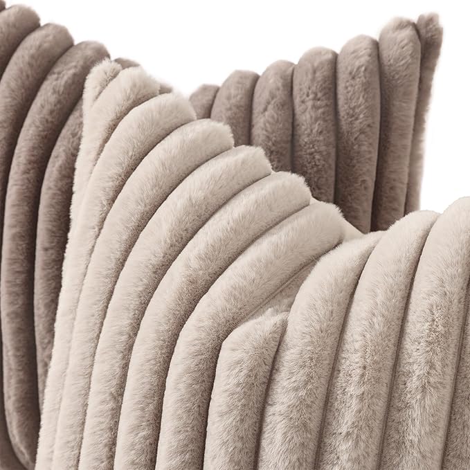 decorUhome Cozy Faux Fur Throw Pillow Covers 26x26 Set of 2 Decorative Soft Plush Striped Modern Farmhouse Boho Couch Euro Sham Pillow Cases with Velvet Back for Sofa Bed Living Room, Light Coffee